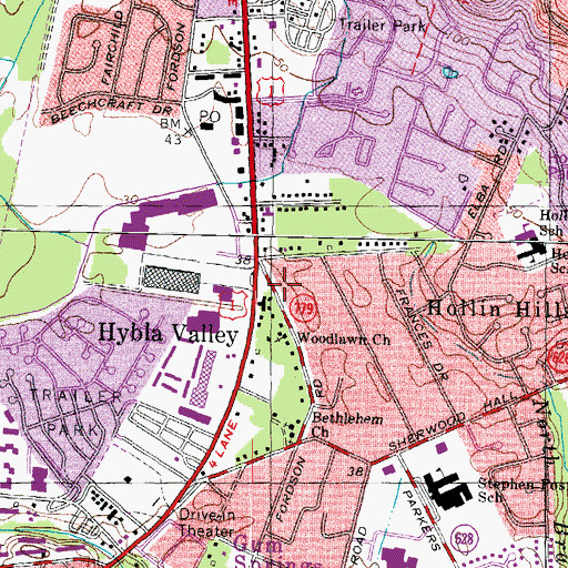 Topographic Map of Hybla Valley Census Designated Place, VA