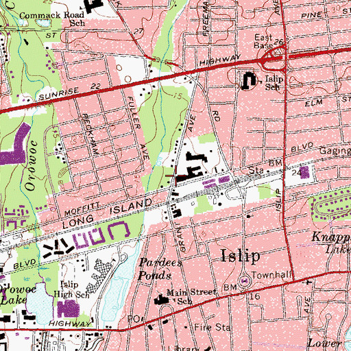 Topographic Map of Islip Census Designated Place, NY