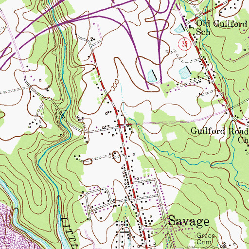 Topographic Map of Savage-Guilford Census Designated Place (historical), MD