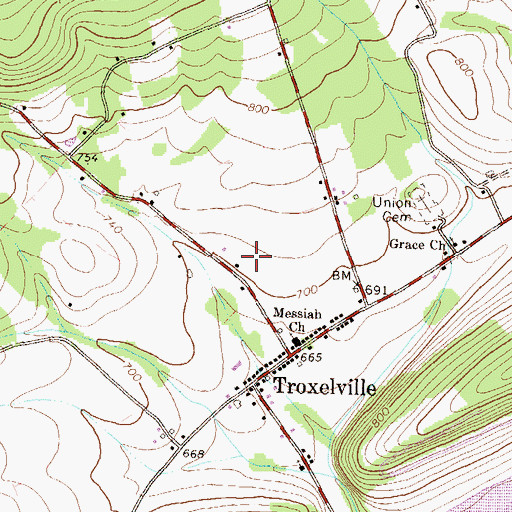 Topographic Map of Troxelville Census Designated Place, PA