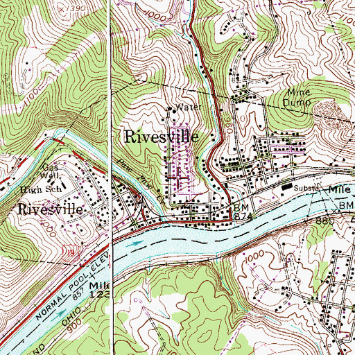 Topographic Map of Town of Rivesville, WV