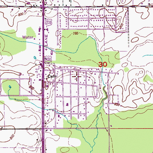 Topographic Map of Hazel Green Census Designated Place, AL