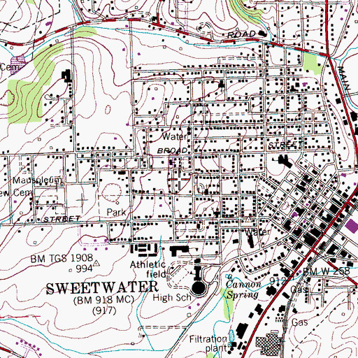 Topographic Map of City of Sweetwater, TN