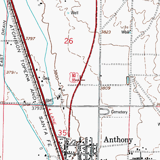 Topographic Map of Anthony Census Designated Place, NM