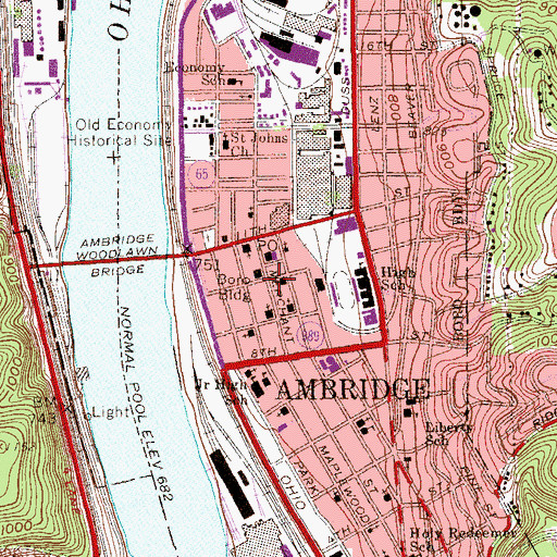 Topographic Map of Ambridge Borough Hall, PA
