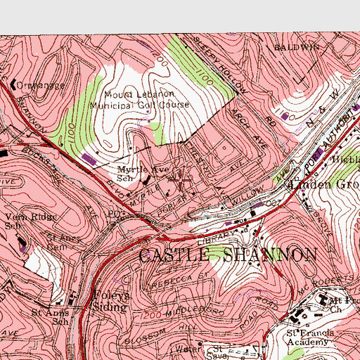 Topographic Map of Community Library of Castle Shannon, PA