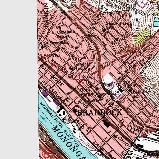 Topographic Map of Braddock Borough Hall, PA