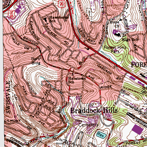 Topographic Map of Braddock Hills Borough Hall, PA