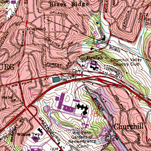 Topographic Map of Churchill Borough Hall, PA
