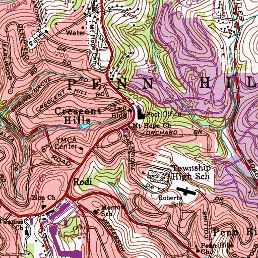 Topographic Map of Mount Hope-Crescent Hills Community Primary School, PA