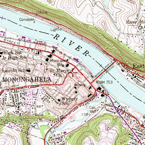 Topographic Map of Monongahela Post Office, PA
