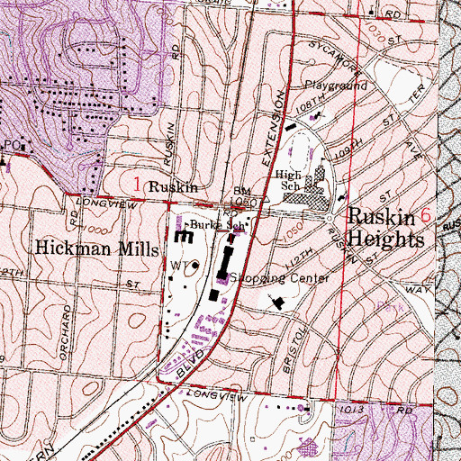 Topographic Map of Hickman Mills Post Office, MO