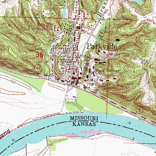 Topographic Map of Parkville Post Office, MO