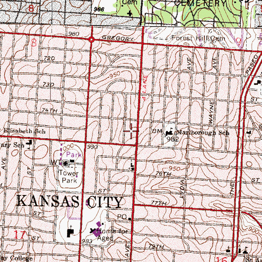 Topographic Map of South Troost Post Office, MO