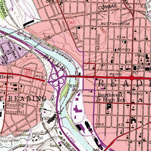 Topographic Map of Penn Street Bridge, PA