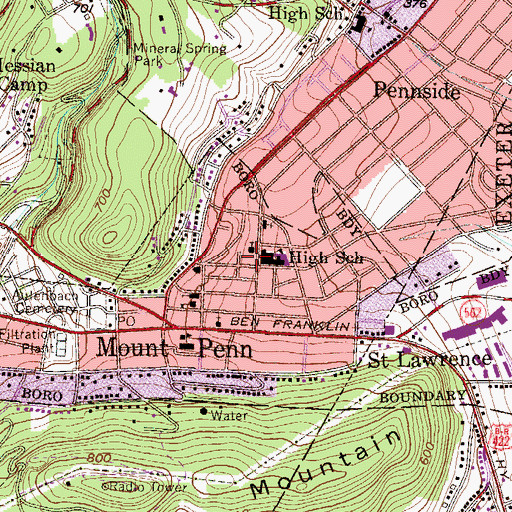 Topographic Map of Mount Penn Borough Hall, PA