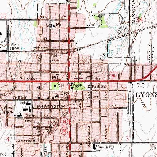 Topographic Map of Lyons Police Department, KS