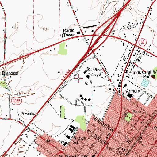 Topographic Map of Mount Olive College - Poole Administration Building, NC