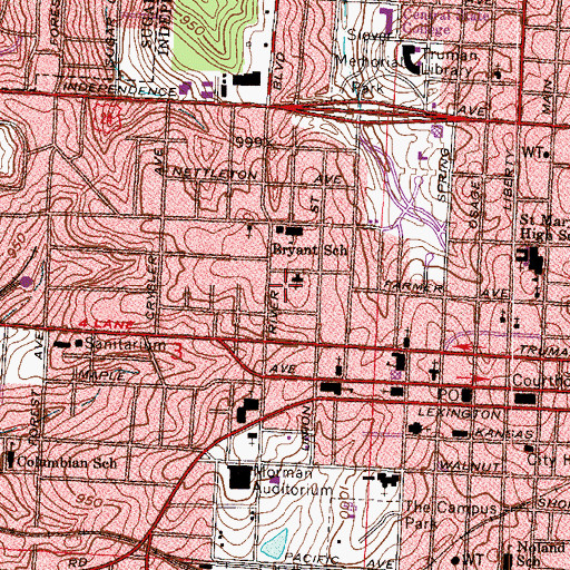 Topographic Map of Center Place Restoration School, MO