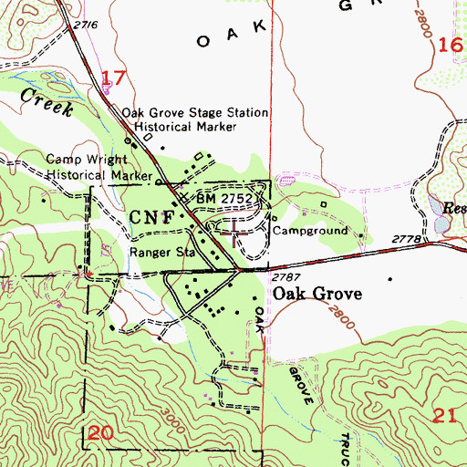 Topographic Map of Oak Grove Campground, CA