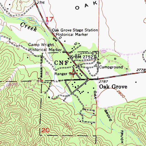 Topographic Map of Oak Grove Ranger Station, CA
