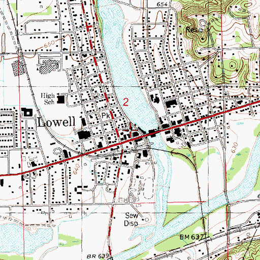 Topographic Map of Lowell Post Office, MI