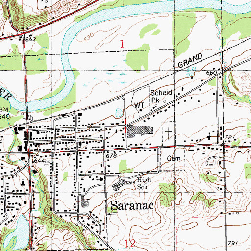 Topographic Map of Saranac Historical Marker, MI
