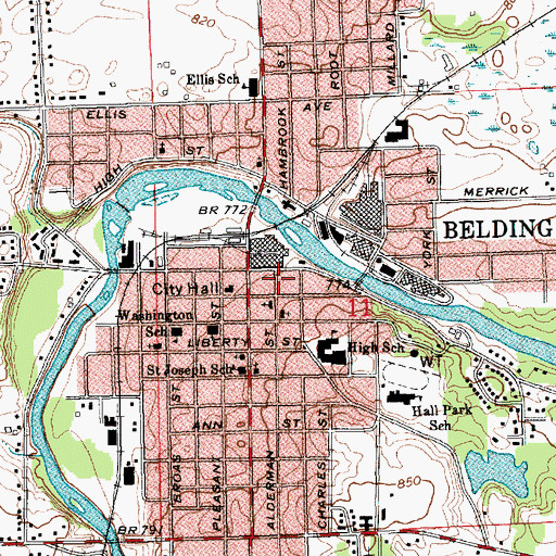 Topographic Map of Belding Post Office, MI