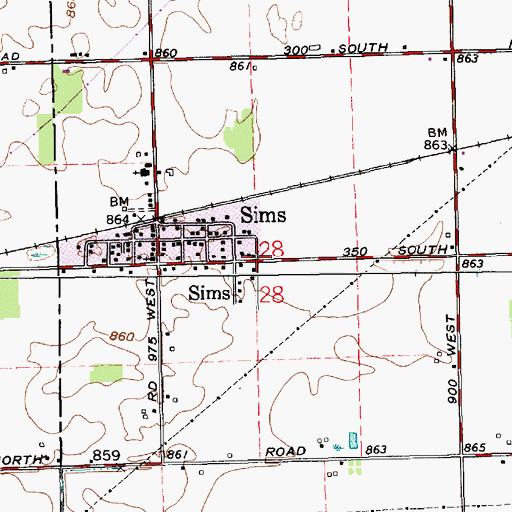 Topographic Map of Sims Census Designated Place, IN