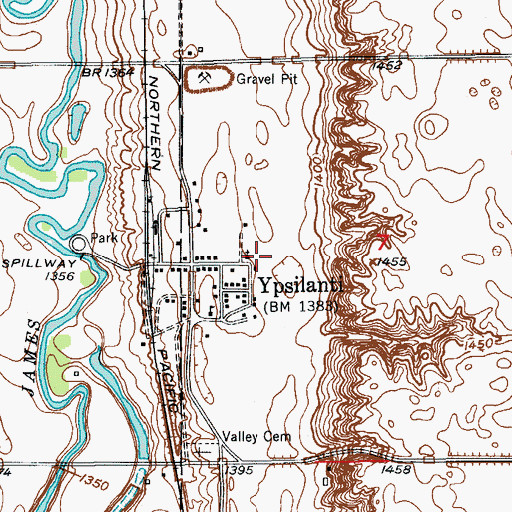 Topographic Map of Ypsilanti Census Designated Place, ND