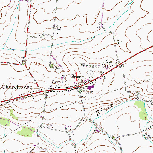 Topographic Map of Churchtown Census Designated Place, PA