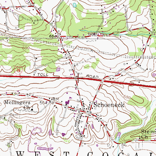 Topographic Map of Schoeneck Census Designated Place, PA