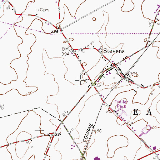 Topographic Map of Stevens Census Designated Place, PA