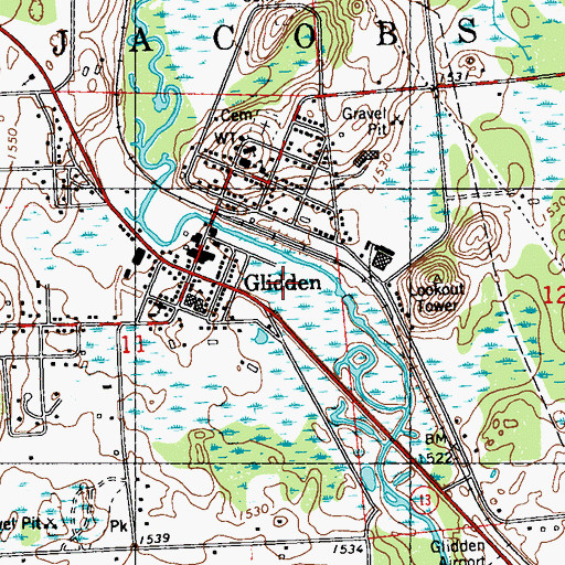 Topographic Map of Glidden Census Designated Place, WI