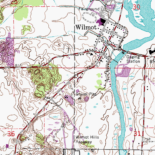 Topographic Map of Wilmot Census Designated Place (historical), WI
