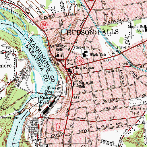 Topographic Map of Hudson Falls Post Office, NY