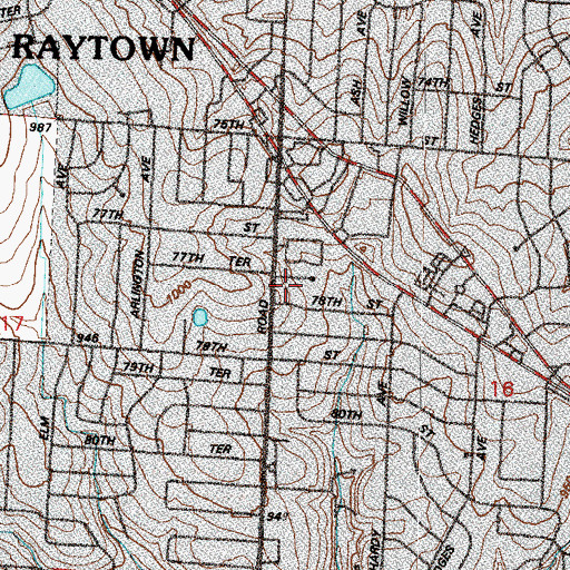 Topographic Map of Raytown Fire Protection District Station 2, MO