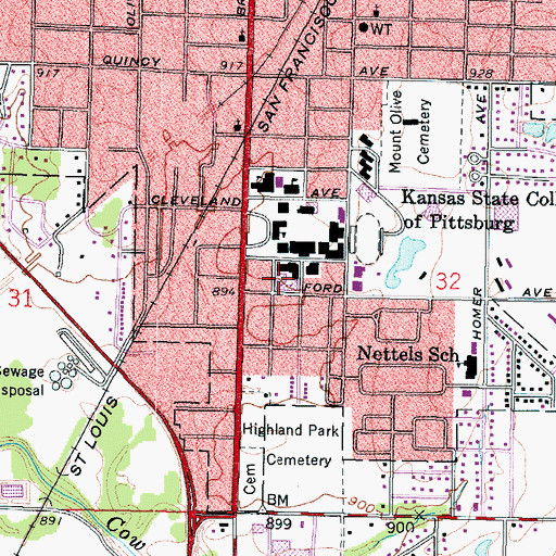 Topographic Map of Pittsburg State University Dellinger Hall, KS