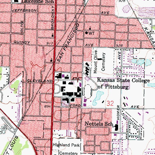 Topographic Map of Pittsburg State University Grubbs Hall, KS