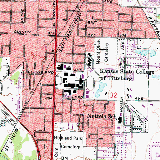 Topographic Map of Pittsburg State University Heckert - Wells Hall, KS