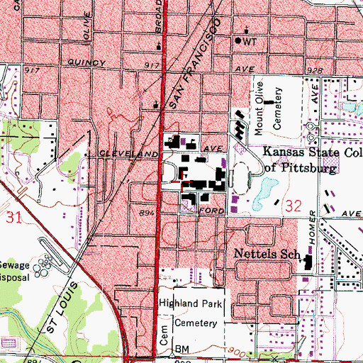 Topographic Map of Pittsburg State University McCray Hall, KS