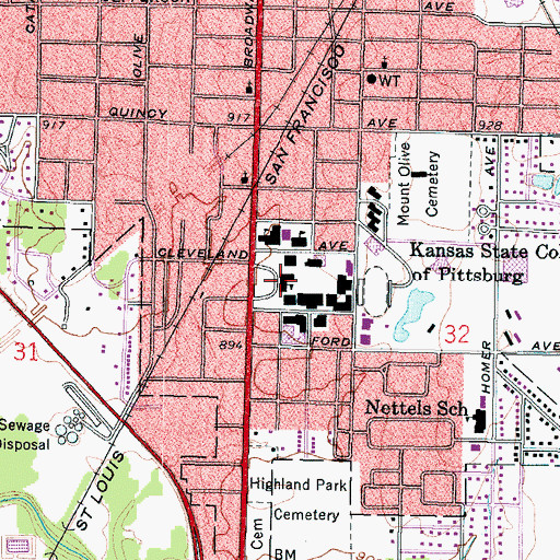 Topographic Map of Pittsburg State University Russ Hall, KS