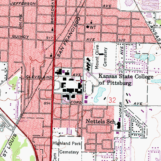 Topographic Map of Pittsburg State University Yates Hall, KS