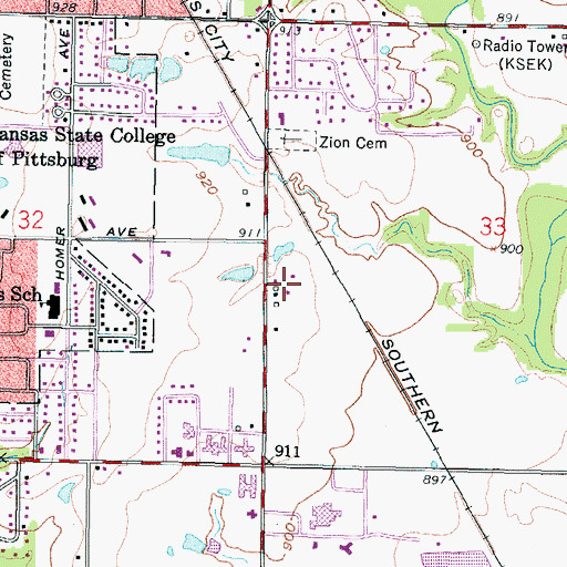 Topographic Map of Pittsburg State University Student Recreation Center, KS