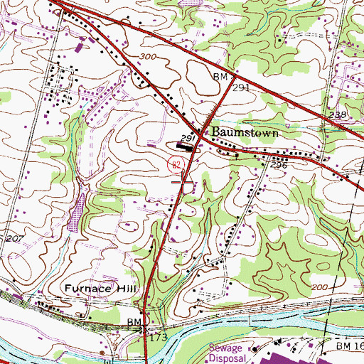 Topographic Map of Baumstown Census Designated Place, PA