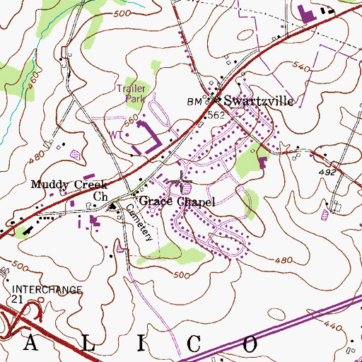 Topographic Map of Swartzville Census Designated Place, PA
