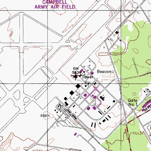 Topographic Map of Fort Campbell Department of Defense Fire Department Station 3, KY