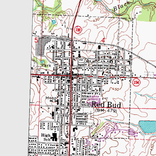 Topographic Map of Red Bud Fire Department, IL