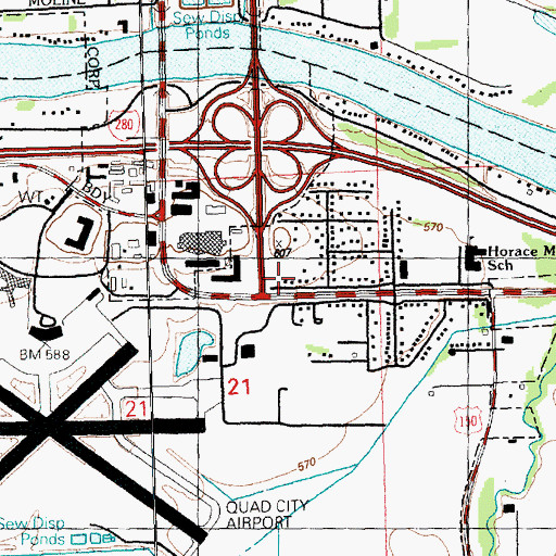 Topographic Map of Quad City Airport Fire Department, IL