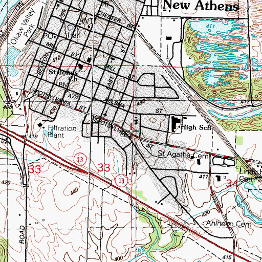 Topographic Map of New Athens Fire Protection District, IL